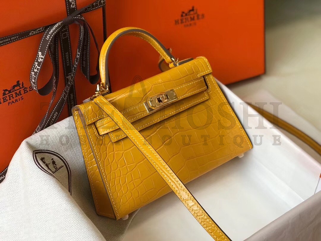 H**me5 Kelly Mini II Bag In Yellow Crocodile Embossed Leather Master Quality