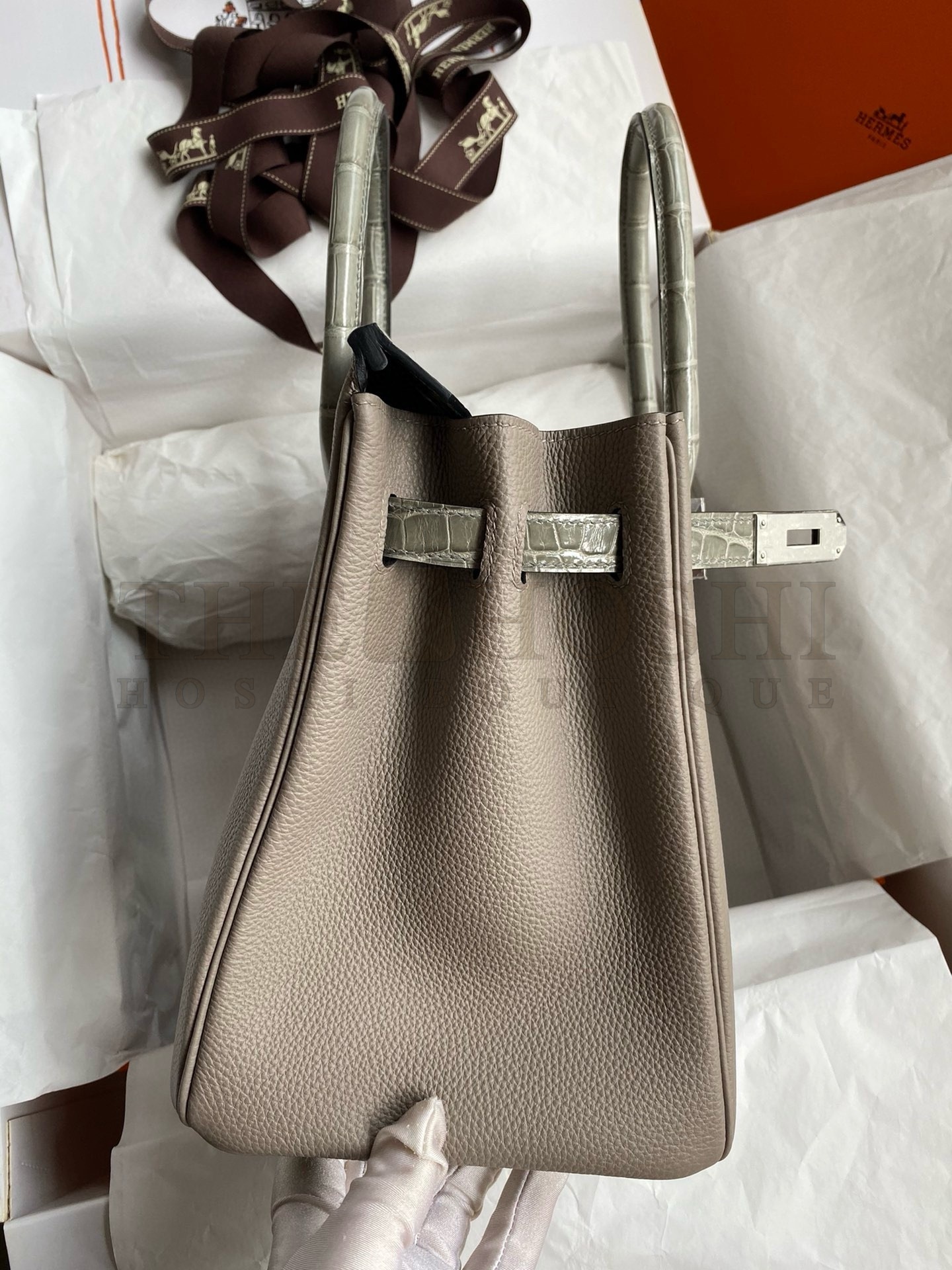 H**me5 Touch Birkin 30 Bag In Gris Asphalt Clemence and Shiny Niloticus Crocodile Skin Master Quality
