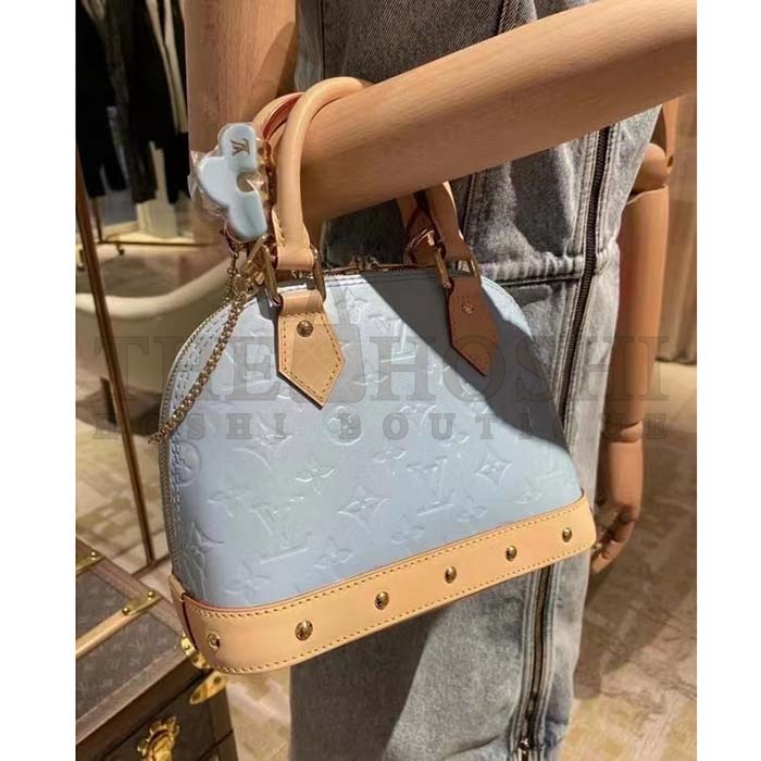 L0vis Vvtt0n LV Women Alma BB Handbag Sky Blue Monogram Vernis Embossed Cowhide Leather M24062 Master Quality