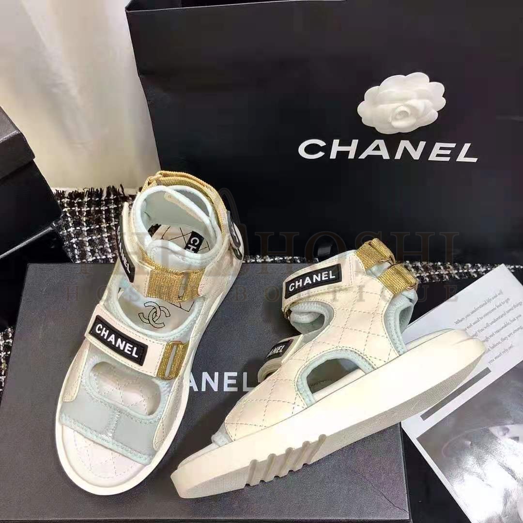 Ch**el Women Sandals Goatskin Fabric &amp; TPU White Light Grey &amp; Navy Blue Master Quality