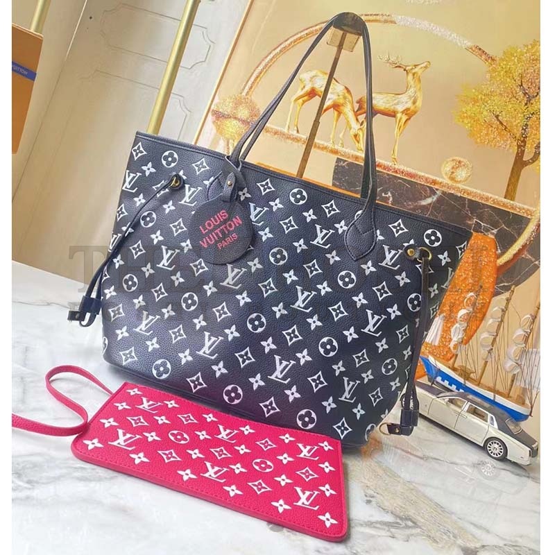 L0vis Vvtt0n Women LV Neverfull MM Carryall Tote Bag Black Printed Embossed Grained Cowhide Master Quality