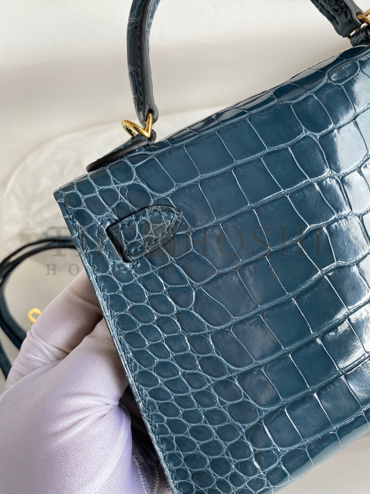 H**me5 Kelly Mini II Sellier Handmade Bag In Blue Jean Shiny Alligator Leather Master Quality