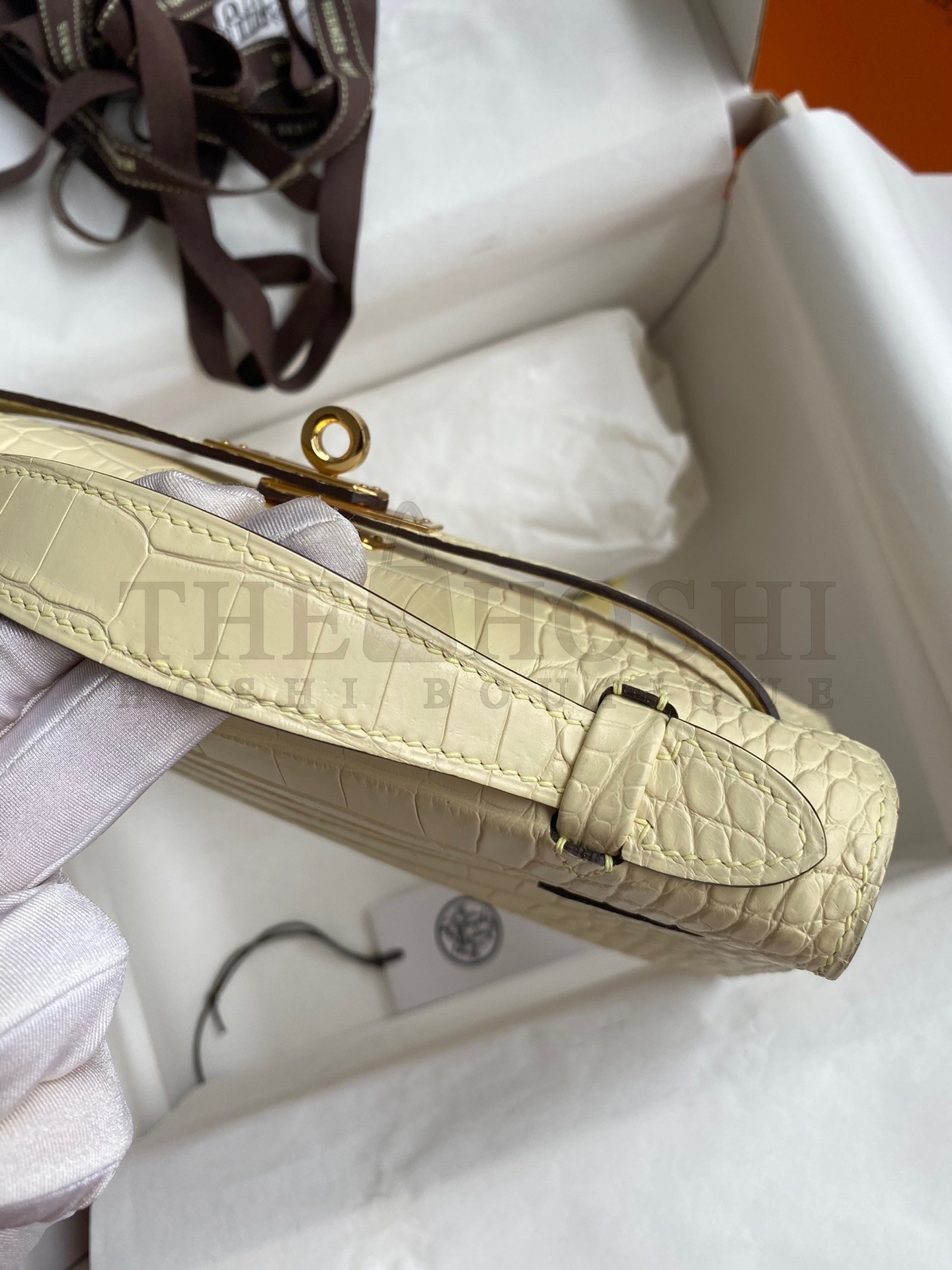 H**me5 Kelly Pochette Handmade Bag In Vanille Matte Alligator Leather Master Quality