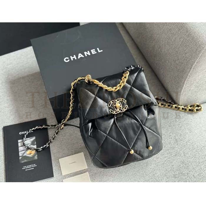 Ch**el Women CC 19 Backpack Shiny Lambskin Gold Silver-Tone Black Master Quality