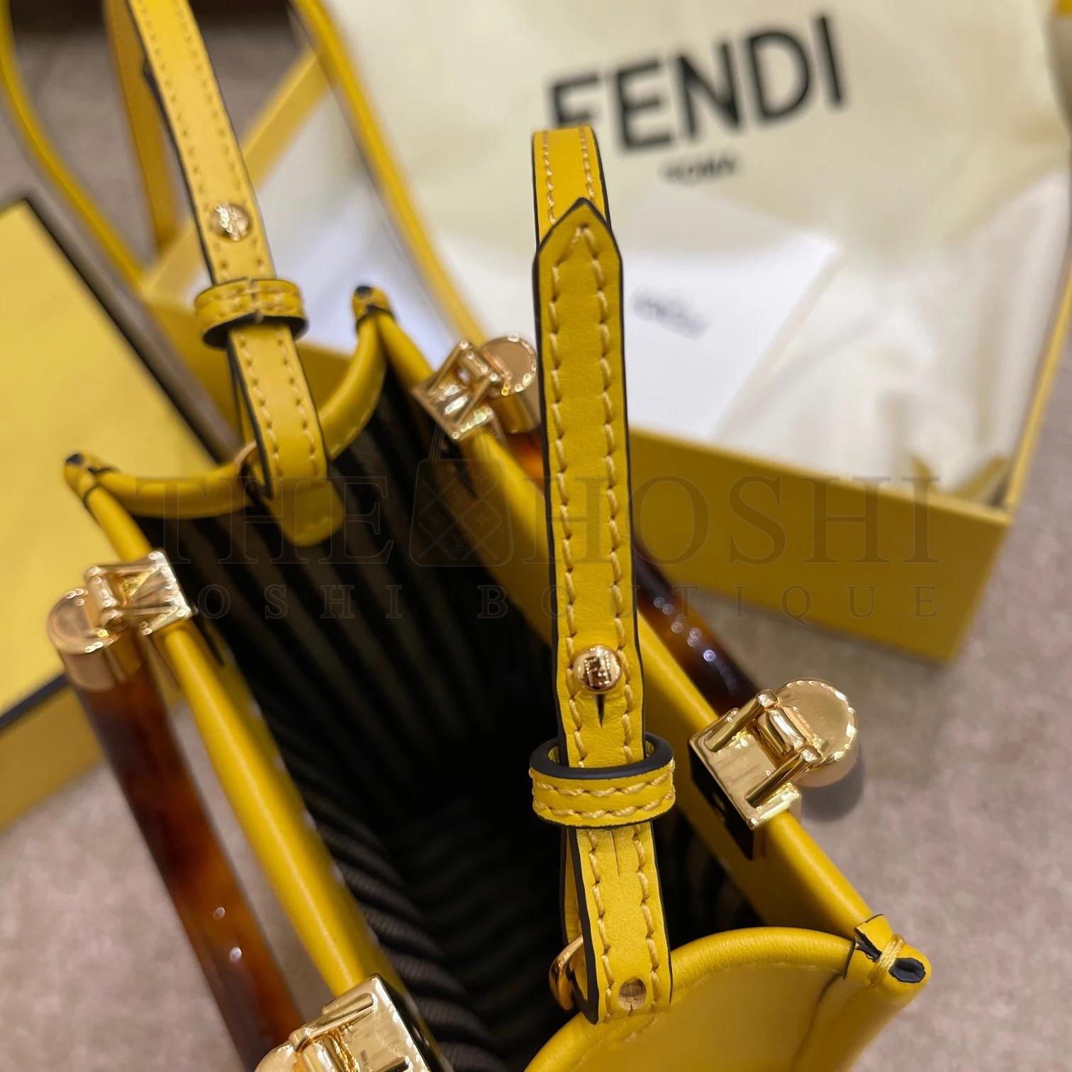 F**di Mini Sunshine Shopper Bag In Yellow Leather Master Quality