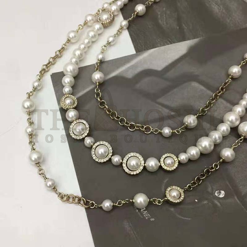 Ch**el Women Long Necklace in Metal Glass Pearls &amp; Diamantés-White Master Quality