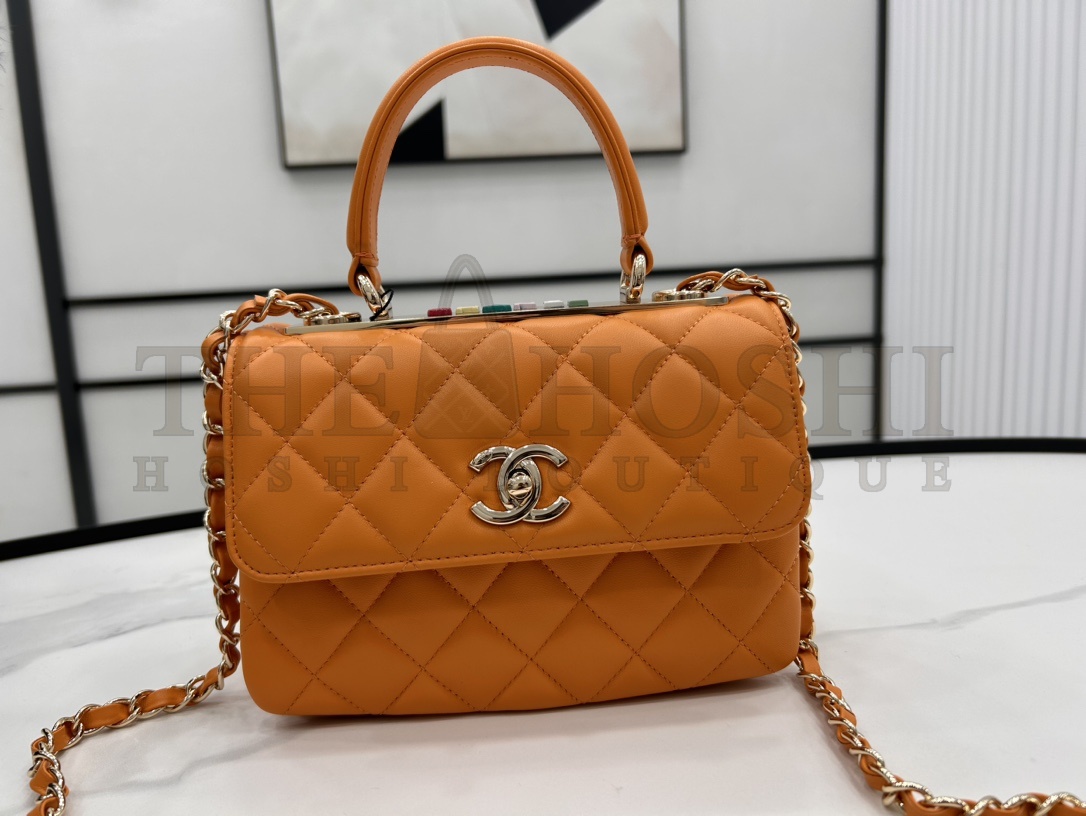 Ch**el 24C CC Trendy AS4654 Top Handle Bag Orange Lambskin with Rainbow Hardware 20cm Master Quality