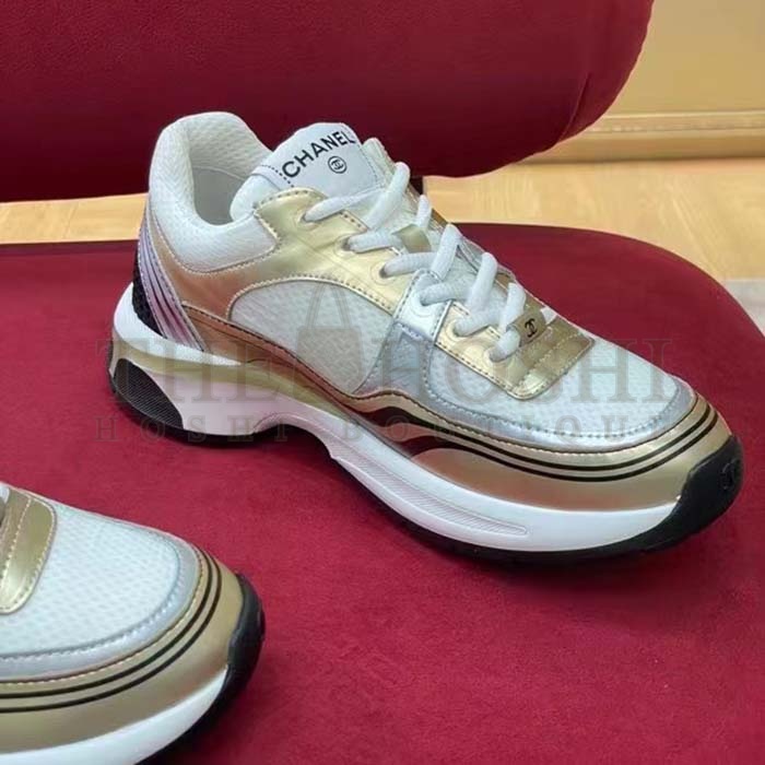 Ch**el trainer shoes Women CC Sneakers Fabric Laminated White Gold Silver Master Quality