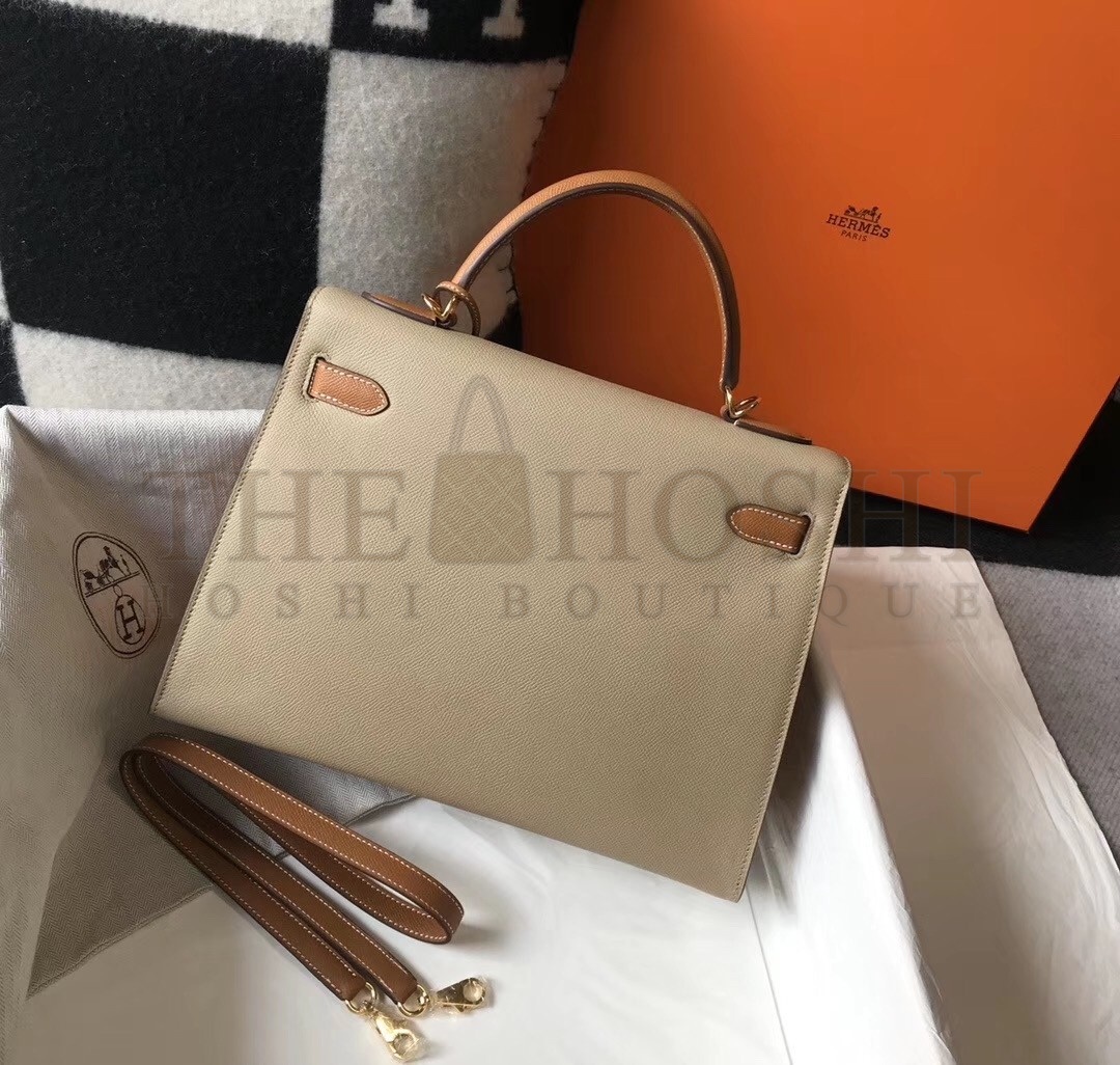 H**me5 Bi-color Kelly 32cm Epsom Bag Tourterelle/Gold GHW Master Quality