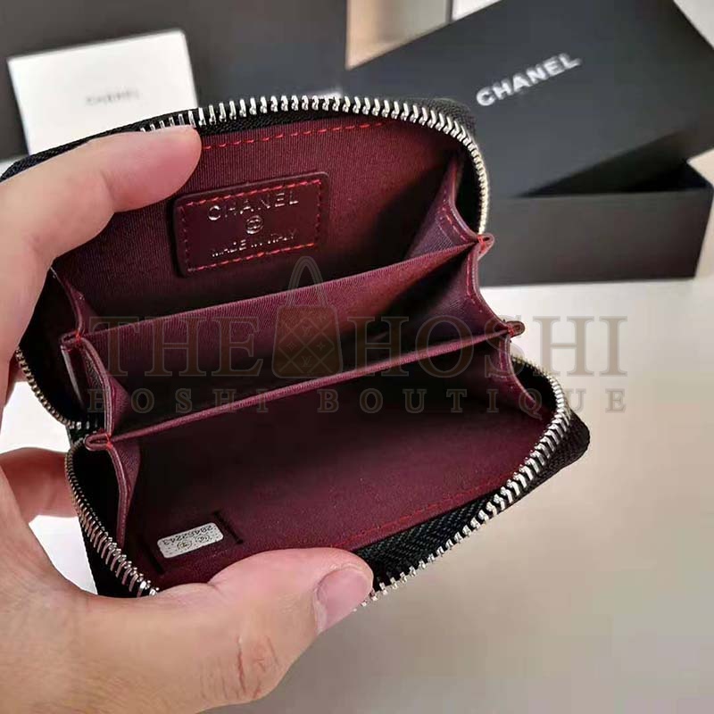 Ch**el Women Classic Zipped Coin Purse in Grained Calfskin &amp; Silver-Tone Metal-Black Master Quality