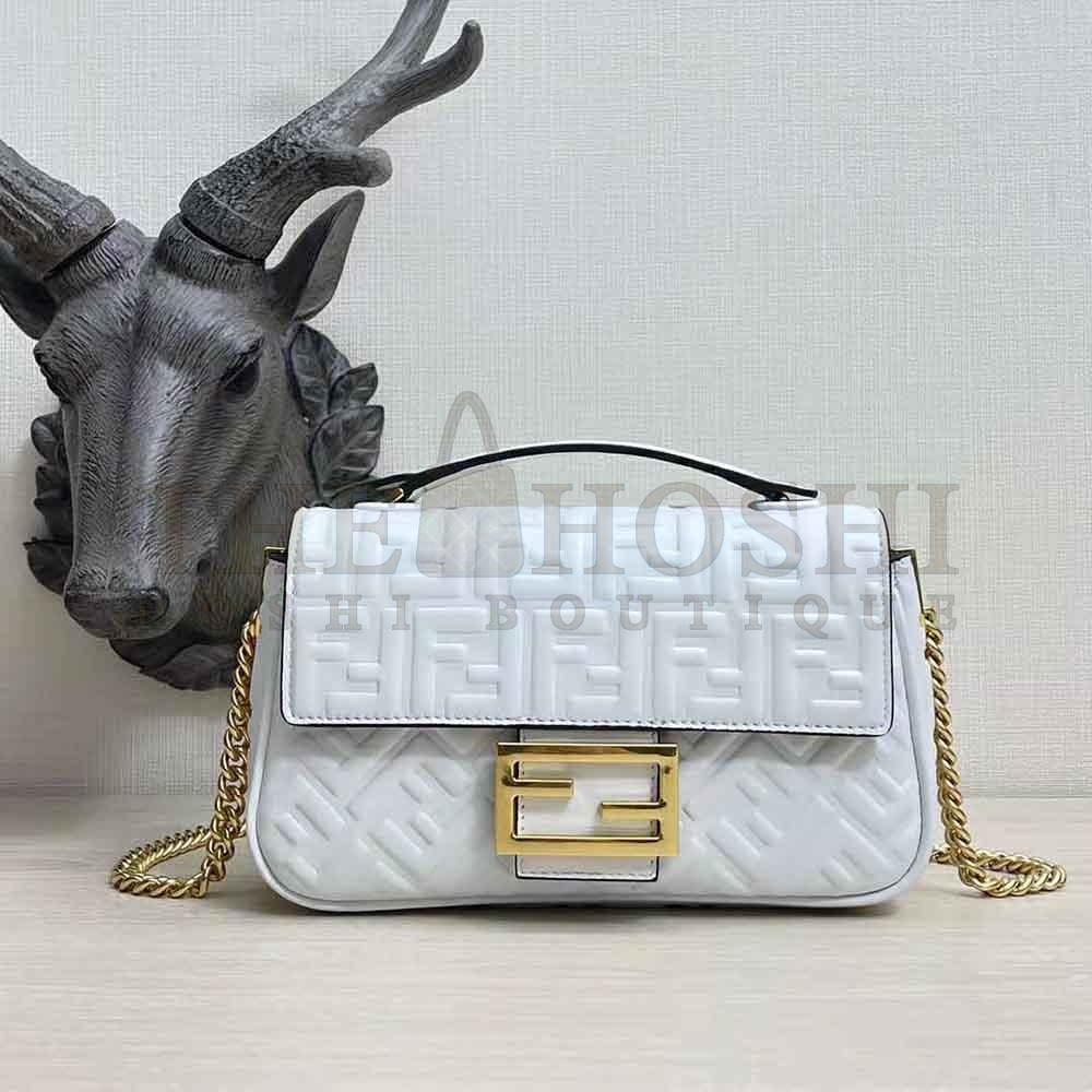 F**di Women Baguette Chain Midi Light Gray Leather Bag-White Master Quality