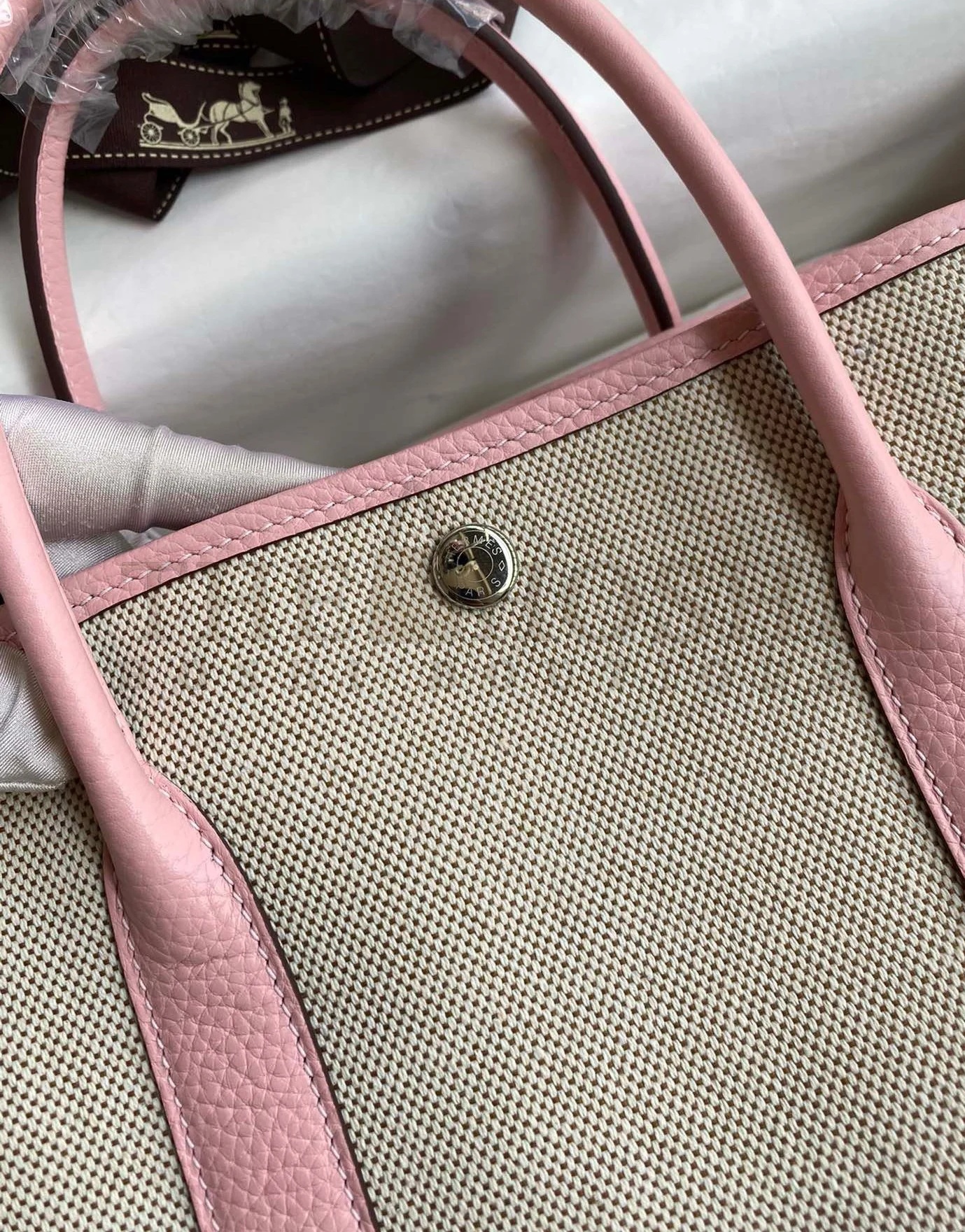 H**me5 Garden Party 30 Handmade Bag in Toile and Pink Leather Master Quality