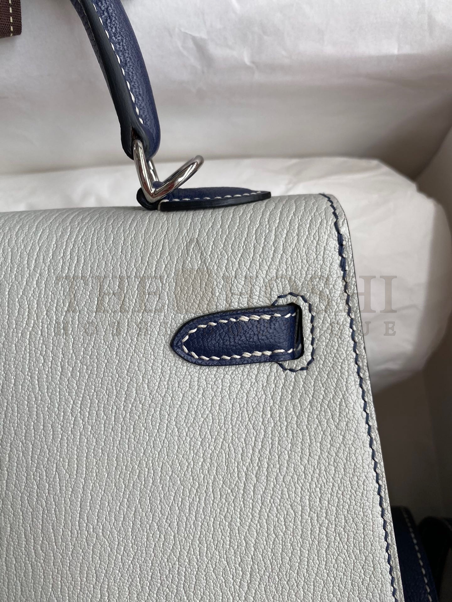 H**me5 Kelly Sellier 25 Bicolor Bag in Pearl Grey and Blue Mysore Goatskin Master Quality