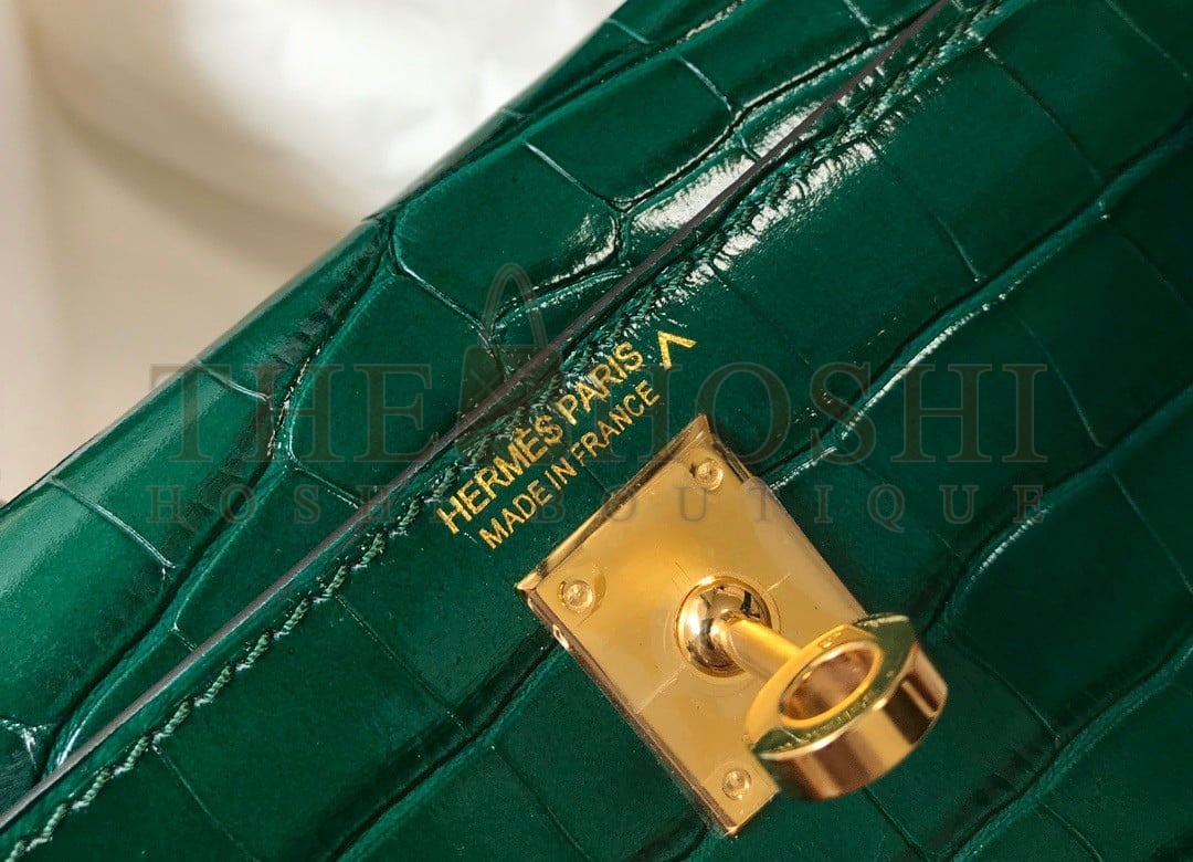 H**me5 Kelly Mini II Sellier Bag In Green Crocodile Embossed Leather Master Quality