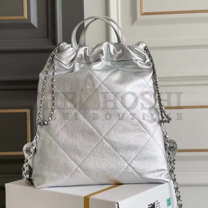 Ch**el Women CC Large Back Pack Ch**el 22 Handbag Metallic Calfskin Silver-Tone Metal Master Quality