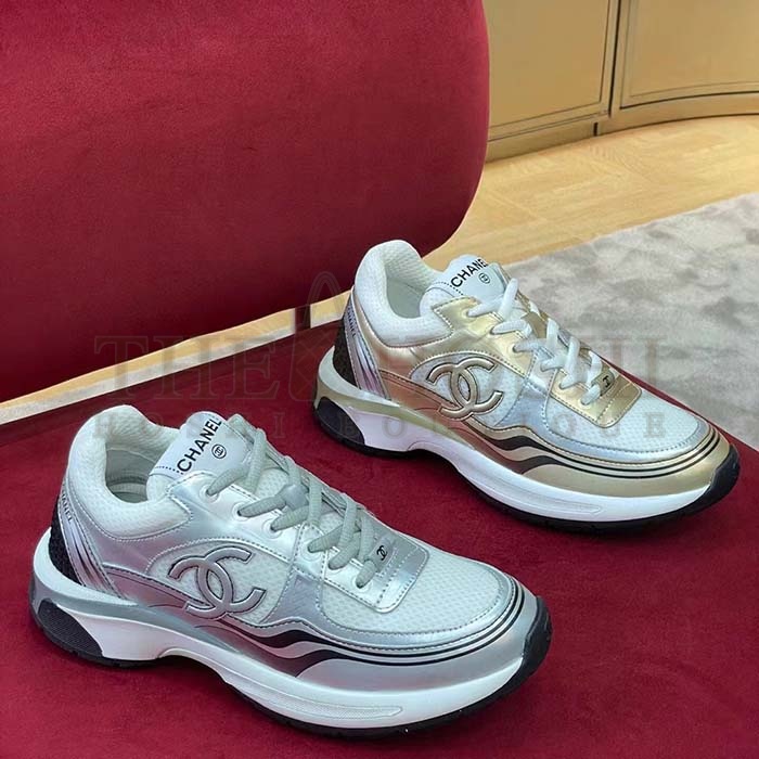 Ch**el trainer shoes Women CC Sneakers Fabric Laminated White Silver Master Quality