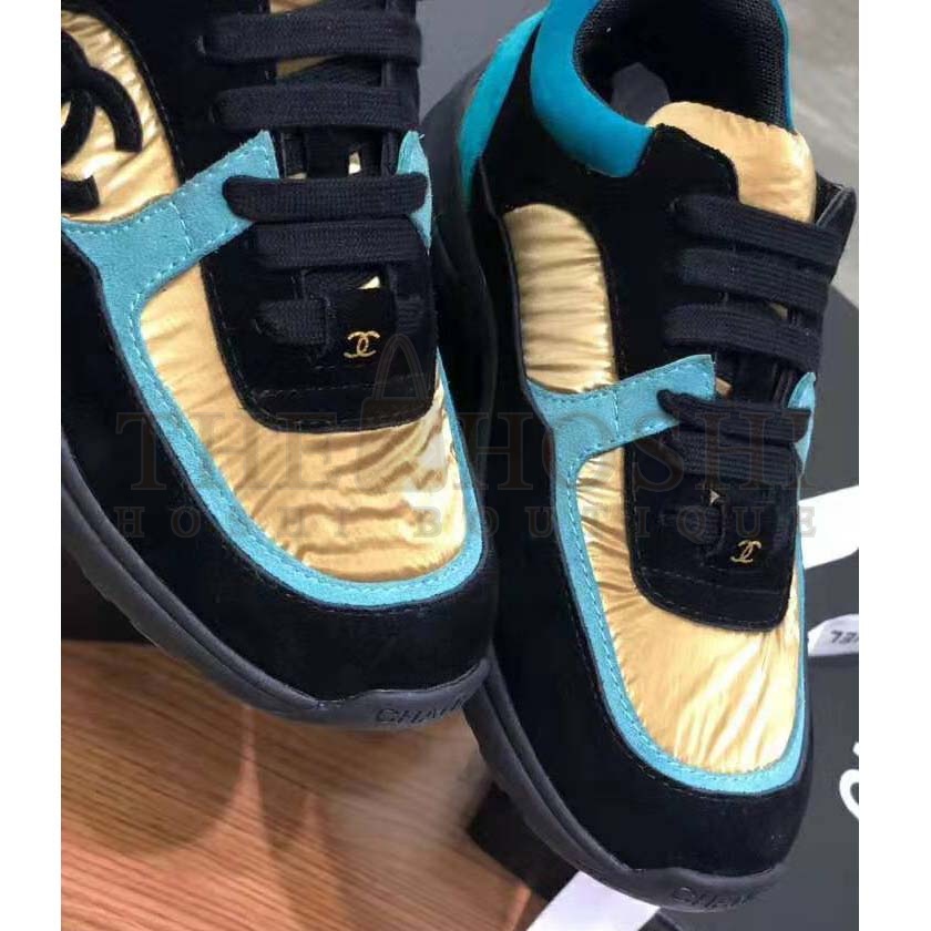 Ch**el Women Velvet Calfskin &amp; Mixed Fibers Sneakers-Gold Master Quality