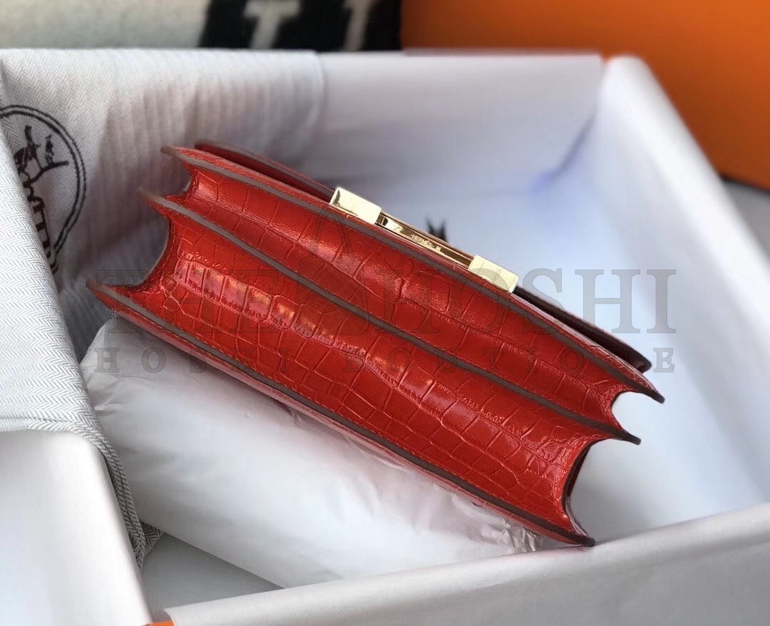 H**me5 Constance 24cm Bag In Red Embossed Crocodile Master Quality