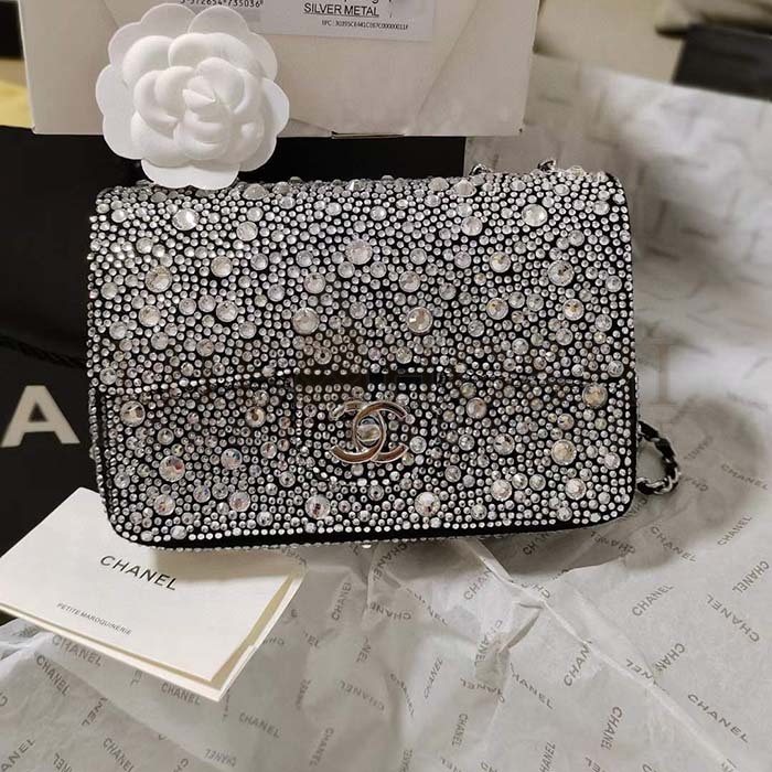 Ch**el CC Women Mini Flap Bag Satin Strass Silver-Tone Metal Silver Master Quality