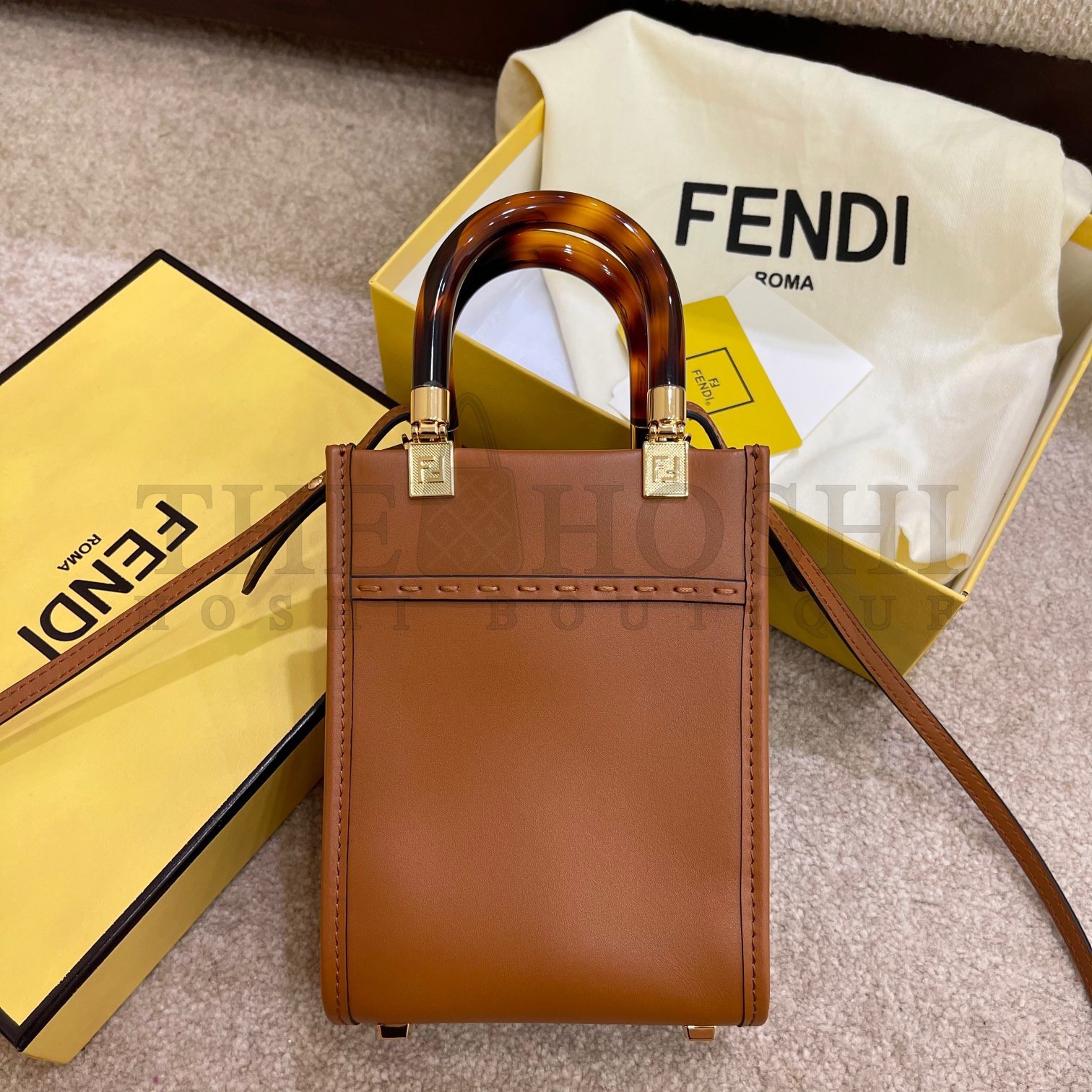 F**di Mini Sunshine Shopper Bag In Brown Leather Master Quality