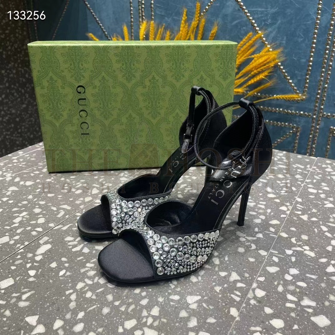 Gvc*1 Women G2 Mid-Heel Sandals Crystals Black Satin 11 CM Heel Double G Master Quality