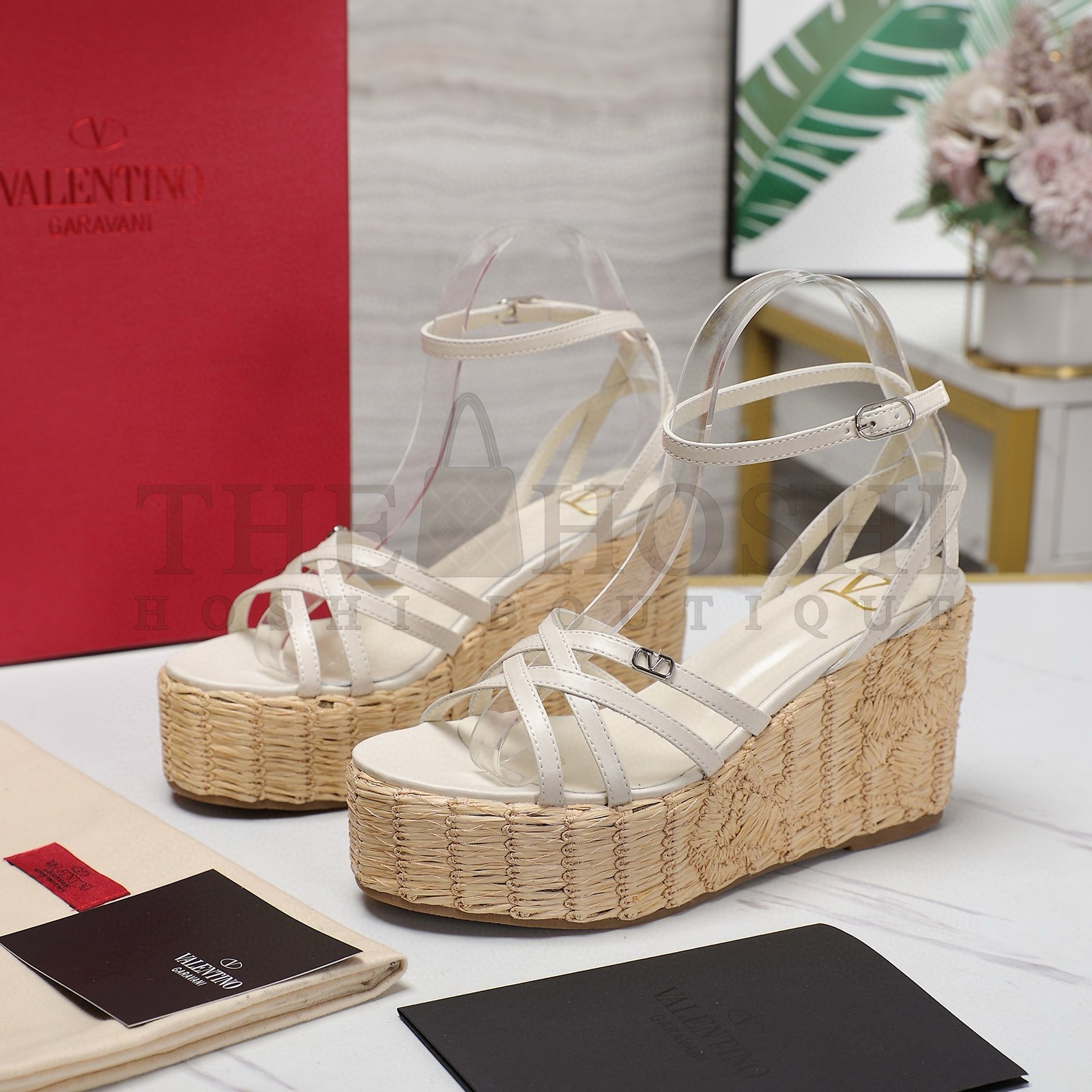 Va1e*ntin0 Raflower Wedge Sandals in White Calfskin Master Quality