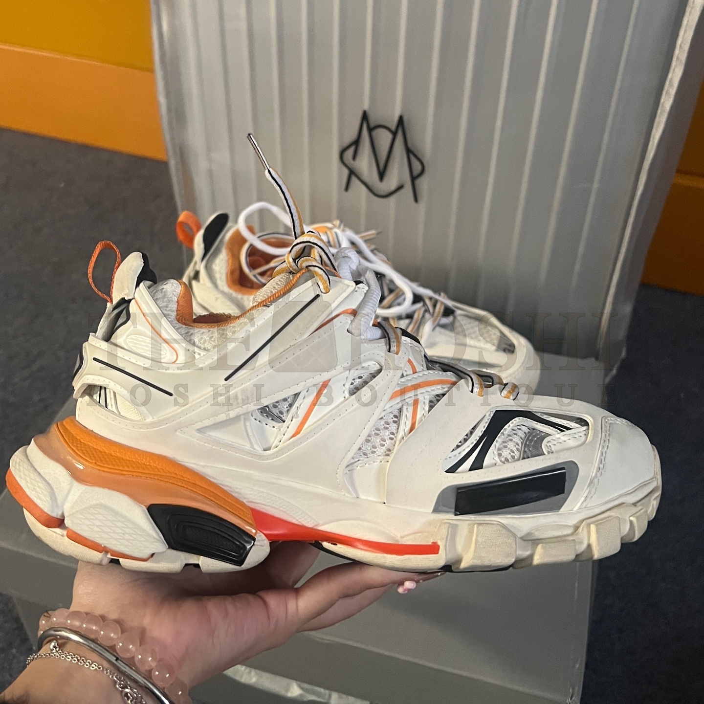 Ba1en*iaga Track 1.0 Sneakers – White Orange, Chunky Dad Shoes for Men and Women Master Quality