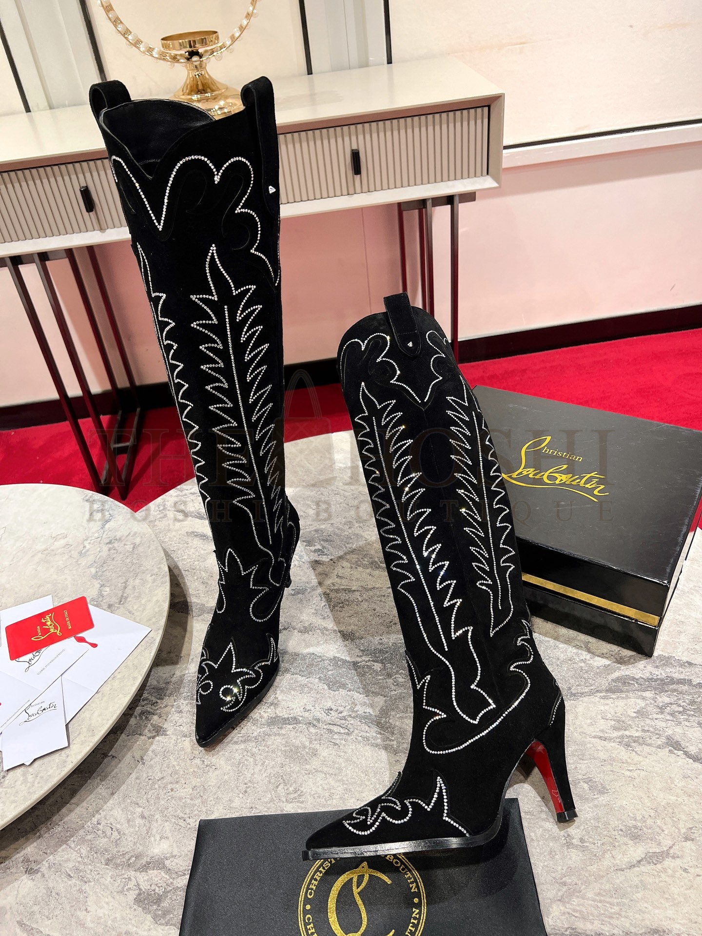 CL Santiabooty Classic Western Cowboy Boots Calfskin Denim 8.5cm Heel Master Quality