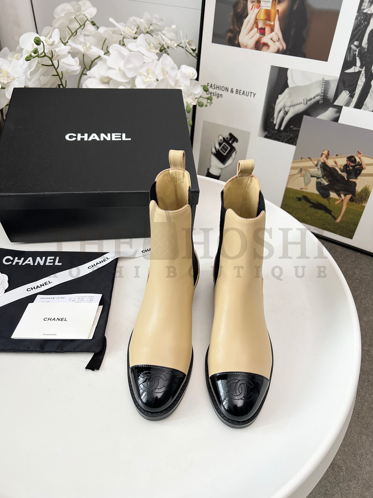 Ch**el 2025 Two-Tone Calfskin Leather Ankle Boots Beige Black 4cm Heel Master Quality
