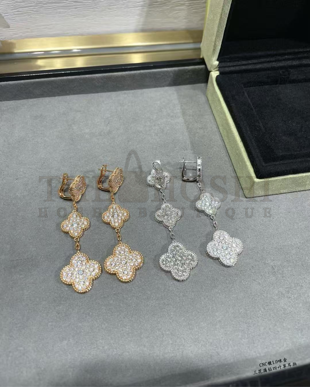 V*n Cl**f & Arpels VCA Alhambra 3-Flower Full D1am0nd Earrings Master Quality