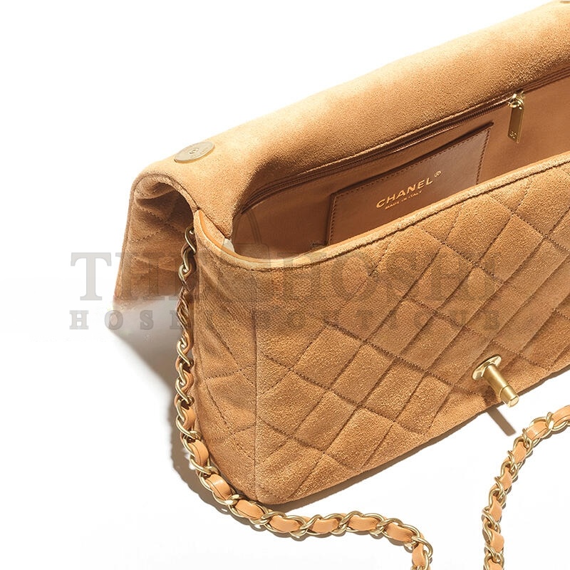 Ch**el FLAP BAG SUEDE CALFSKIN, LAMBSKIN & GOLD-TONE METAL DARK BEIGE AS5987 (26*18*7cm) Master Quality