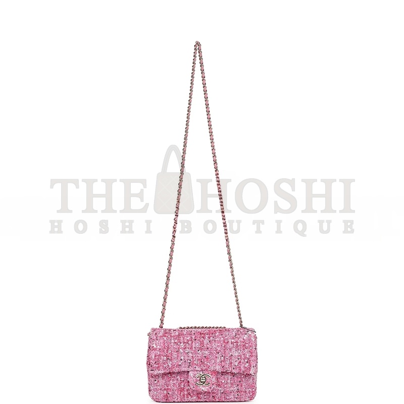 Ch**el MINI CLASSIC RECTANGULAR FLAP BAG PINK TWEED AND SEQUIN GOLD HARDWARE 192410 (20*13*6cm) Master Quality