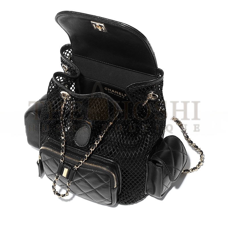 CHANE BACKPACK MESH, SHINY LAMBSKIN &amp; GOLD-TONE METAL BLACK AS5484 (25*23*14cm) Master Quality