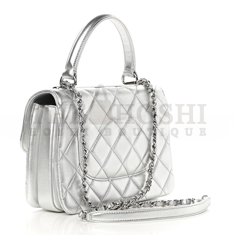 Ch**el METALLIC LAMBSKIN QUILTED SMALL TRENDY CC FLAP DUAL HANDLE BAG SILVER (25*17*9cm) Master Quality