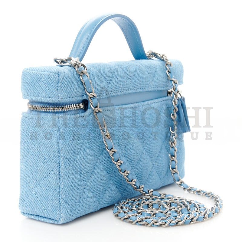 Ch**el DENIM QUILTED TOP HANDLE SLIM VANITY CASE WITH CHAIN BLUE AP4385 (19.5*17*5cm) Master Quality