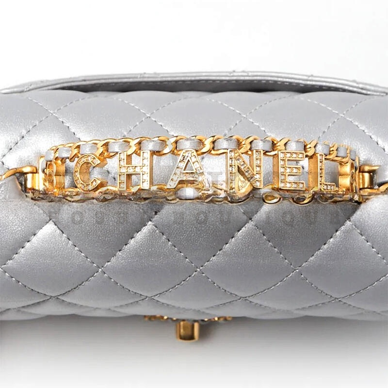 Ch**el SILVER QUILTED LAMBSKIN LEATHER STRASS ON TOP MINI FLAP BAG AS4362 (20*13*6cm) Master Quality