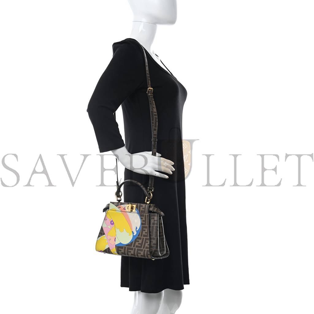 F**di GLAZED FABRIC VITELLO FF 1974 HAIRDO GIRLS INLAY MINI PEEKABOO ICONIC SATCHEL MOGANO PANNA MULTICOLOR (23*18*13cm) Master Quality