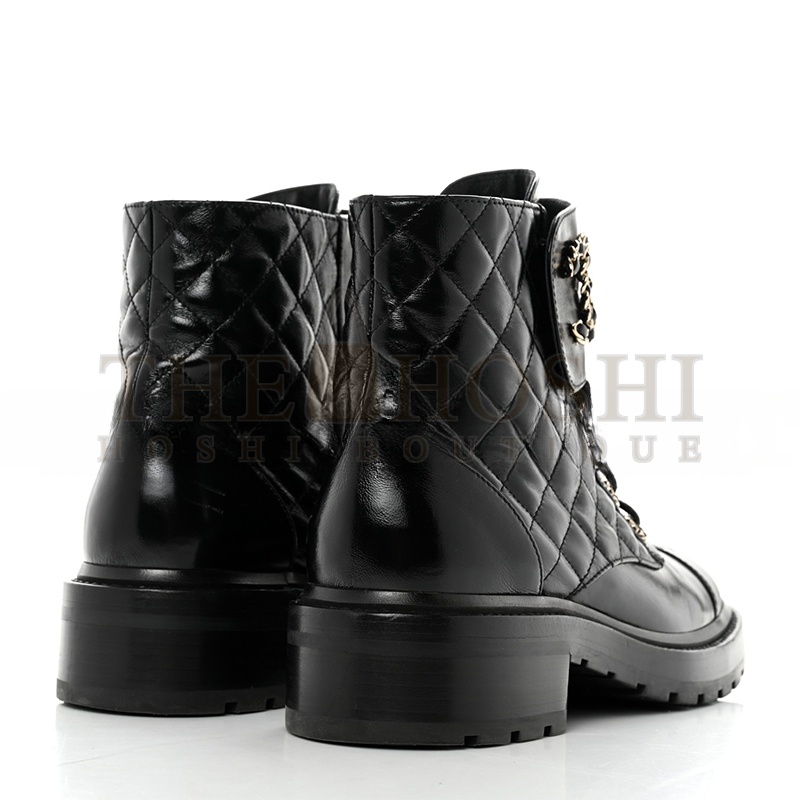Ch**el SHINY CALFSKIN QUILTED LACE UP COMBAT BOOTS Master Quality