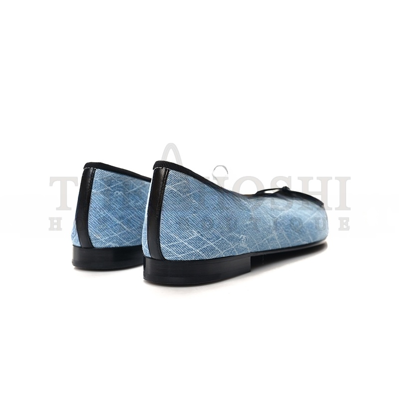 Ch**el DENIM PRINTED QUILT CC CAP TOE BALLERINA FLATS 157513 Master Quality